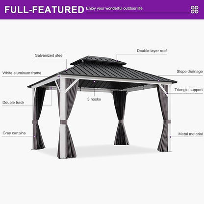 PURPLE LEAF 10' X 12' Hardtop Gazebo,White Aluminum Gazebo with Curtains and Netting,Galvanized Steel Gazebos with Double Roof,for Paito and Backyard