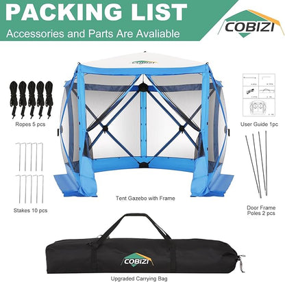 COBIZI 10x10ft Pop up Gazebo Screen House Tent for Camping, Pop-up Camping Canopy with Mesh Windows,Portable Outdoor Quick-Set Hub Tent with Carrying Bag&Ground Stakes,Blue(Upgraded 2.0)