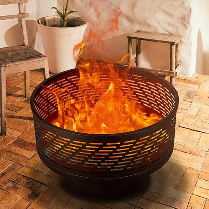 26" Wood Burning Fire Pits with Grill & Lid, Fire Pit Table for Outside with Waterproof Cover & Fire Poker, Outdoor Firepit with Functions for BBQ,Table and Bonfire
