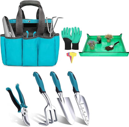 Housolution Gardening Tools Set, 8PCS Heavy Duty Garden Tools with Non-Slip Rubber Grip with Large Garden Bag for Aluminum Alloy Hand Tools for Gardening,Gardening Gifts for Women and Men, Blue+Black