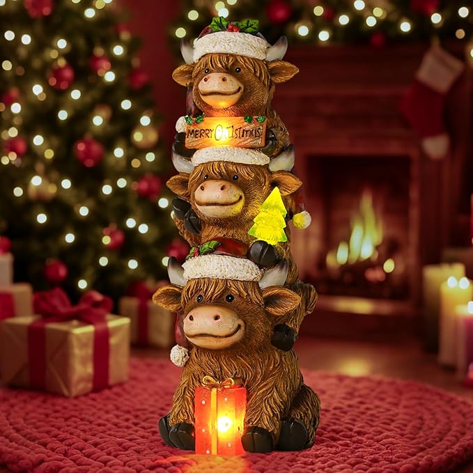 Christmas Highland Cow Decor with Solar Light Triple Highland Cow Christmas Decorations Gifts for Women Mom Funny Highland Cows Garden Statues for Garden Patio Lawn Yard Decor(Multicolor)