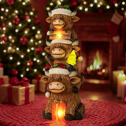 Christmas Highland Cow Decor with Solar Light Triple Highland Cow Christmas Decorations Gifts for Women Mom Funny Highland Cows Garden Statues for Garden Patio Lawn Yard Decor(Multicolor)