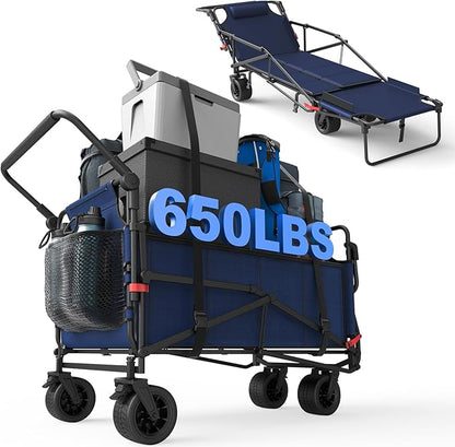 LEVELEVE Heavy Duty Folding Wagon - 2-in-1 Collapsible Cart, 650lb Capacity, All-Terrain Wheels w/Brakes & Side Pockets (Blue)