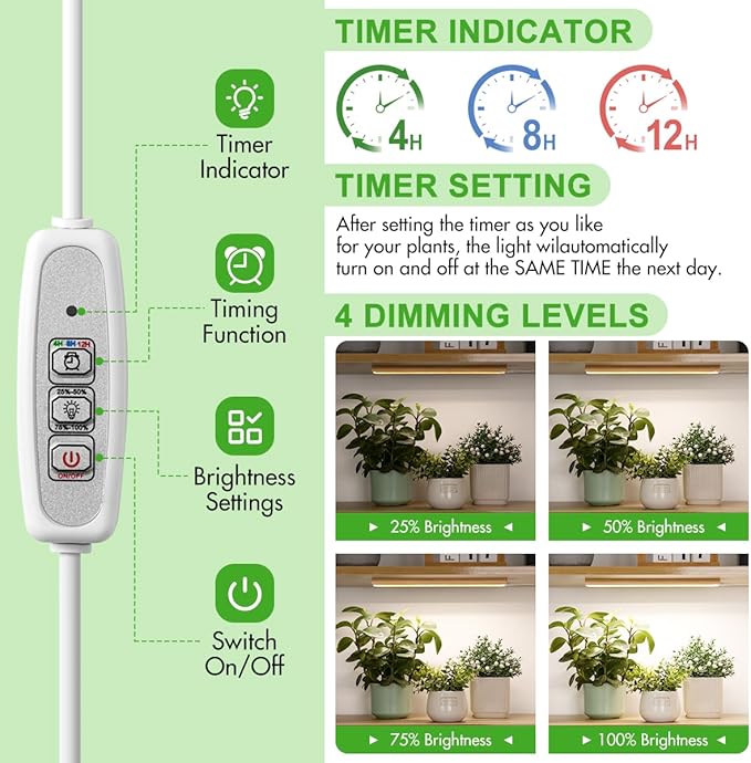 FOXGARDEN Grow Light Strip, Bamboo Full Spectrum Plant Grow Light for Indoor Plants, 96 LED Bright Grow Lamp with Auto On/Off Timer 4/8/12H, 4 Dimmable Brightness, 1 Strip with 1 Controller