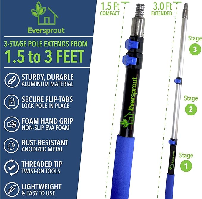 EVERSPROUT 1.5-3ft Durable Fruit Picker with 10+ Foot Reach – Telescoping Fruit Picker Pole, Lightweight Twist-On Fruit Picking Tool with Basket, Aluminium Extension Pole for Tree Fruit Harvesting