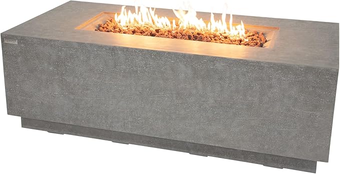 ELEMENTI Andes Propane Gas Fire Pit Table | Rectangular Concrete Fireplace with Concealed Propane Tank Storage Drawer | Electronic Ignition | Light Gray