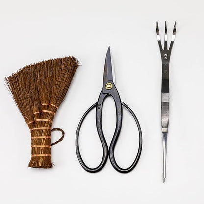 Wazakura Japanese Bonsai Garden 3PCS Tool Starter Kit, Made in Japan, Traditional Bonsai Scissors, Stainless Tweezers with Rake, Chinese Broom. Beginner Set wit Tweezers, Shears and Brush