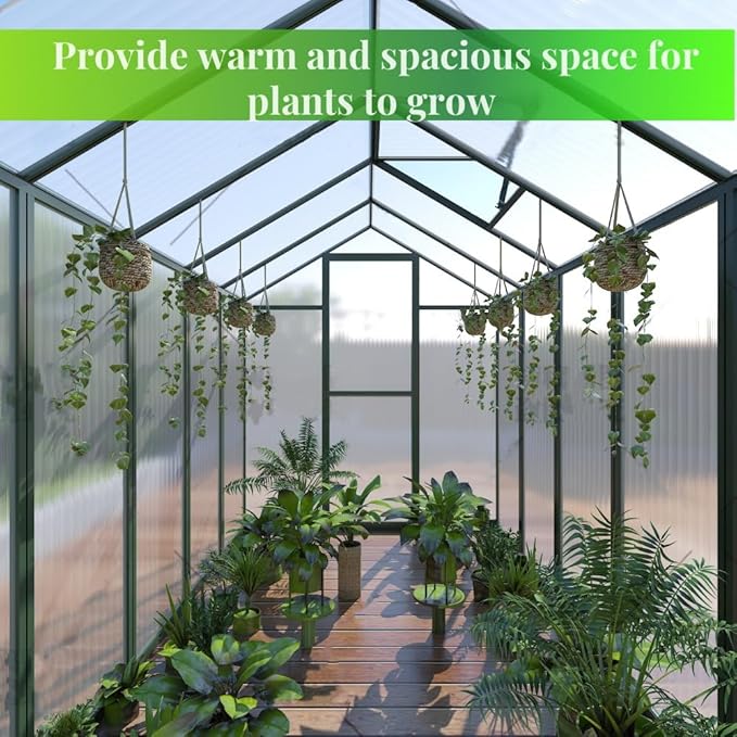 72*72in Greenhouse for Outdoors, Polycarbonate Greenhouse with Stronger Wind Protection and Roof Vent, Walk-in Large Aluminum Sunroom Winter Proof, Green