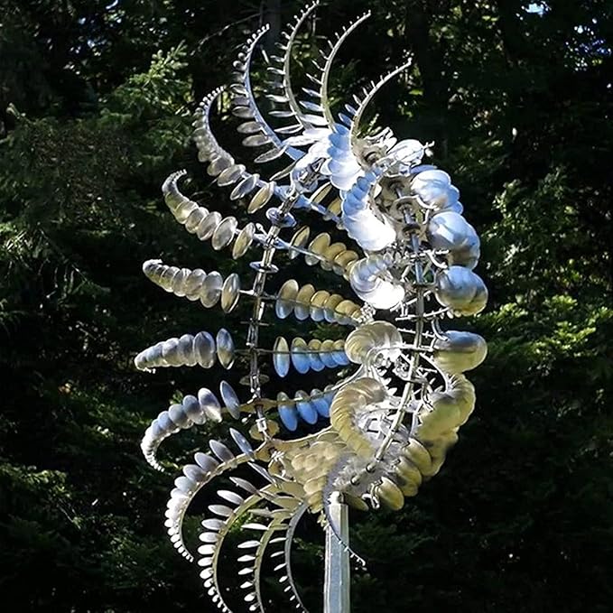 Magical Metal Windmill, Stainless Steel Windmill,Kinetic Metal Wind Spinners Garden Stake, 3D Wind Sculptures Move with The Wind Lawn Solar Wind Catcher Outdoor Patio Garden Decoration (SILVER-1PCS)