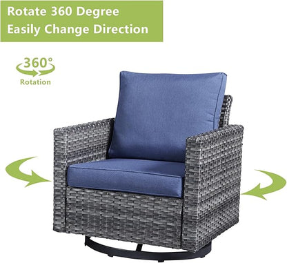 Wicker Outdoor Patio Furniture Set - 6 Piece Patio Conversation Set with 2 Swivel Rocker Chairs,2 Rattan Ottoman,1 Couch and 1 Metal Side Table for Outside Porch Deck Backyard(Mixed Grey/Blue)
