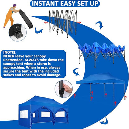 COBIZI 10x20 Pop Up Canopy with 6 Sidewall,Heavy Duty Canopy UPF 50+ All Season Wind Waterproof Commercial Outdoor Wedding Party Tents for Parties Gazebo with Roller Bag(10 x 20 ft Blue)