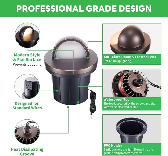 Ground Well Lights, 5 Colors Temp (1800K-5000K) Low Voltage Landscape Inground Lights, LED Outdoor Waterproof IP67, 12V Wired Aluminum Half Sided ORB for Backyard Wall 6W 420LM 8 Pack