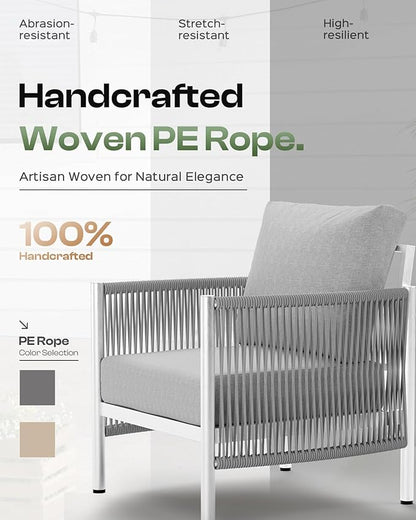 Aluminum Outdoor Patio Furniture Set, HDPE Rope 5 Piece Modern Sectional Conversation Sets with Dual-Layer Coffee Table, All Weather Patio Couch Sofa with Thick Cushions, Silver Frame, Silver