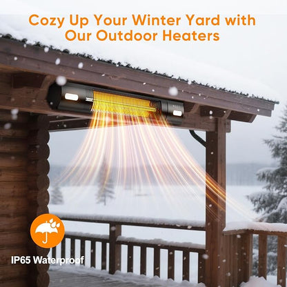 YESERLl Electric Patio Heater with LED Light- 1500w Outdoor Fast Heating with 3 Power Setting,Wall Mounted Carbon Infrared Heater Quiet - IP65 Waterproof and 24H Timer for Snow Outdoor