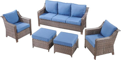5 Pieces Wicker Patio Furniture Set-Outdoor High Back Sofa with Rattan Wicker Chairs Outdoor Furniture for Porch Garden Backyard Poolside-Brown/Blue