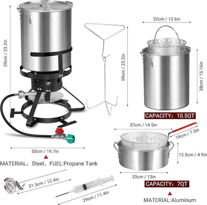 Turkey Fryer with Boiler Steamer Set Basket & 55000BTU Propane Burner, Outdoor Deep Fryer & Seafood Crawfish Boil Pot with Thermometer, Marinade Injector, Turkey Rack & Rack Lifter-OT-3020
