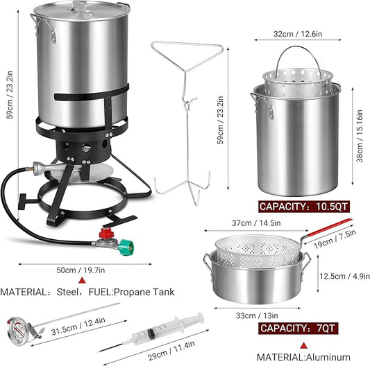 Turkey Fryer with Boiler Steamer Set Basket & 55000BTU Propane Burner, Outdoor Deep Fryer & Seafood Crawfish Boil Pot with Thermometer, Marinade Injector, Turkey Rack & Rack Lifter-OT-3020