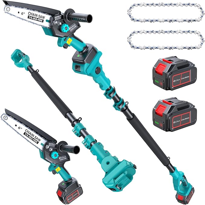 Cordless Pole Saw&6 inch Mini Chainsaw 2-IN-1,2PCS 4000mAh Rechargeable Batteries for Electric Tree Trimmer,Pole Saws with Extension Pole for Tree Trimming Wood Cutting,Ideal Gifts for Men Dad