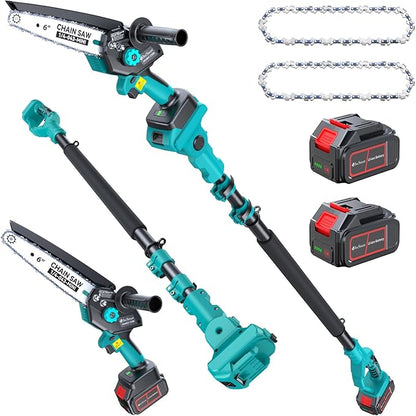 Cordless Pole Saw&6 inch Mini Chainsaw 2-IN-1,2PCS 4000mAh Rechargeable Batteries for Electric Tree Trimmer,Pole Saws with Extension Pole for Tree Trimming Wood Cutting,Ideal Gifts for Men Dad