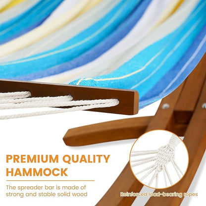Lazy Daze Hammocks Cotton Fabric Spreader Bar Hammock and 10.5 Ft Wood Arc Hammock Stand Combo, for Outdoor, Indoor, Patio, Backyard, Blue and Yellow