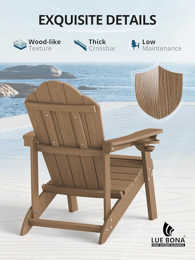 LUE BONA HDPE Adirondack Chairs Set of 2,Plastic Adirondack Chairs with Cup Holder Weather Resistant for Outdoor, Patio, Lawn, Garden, Backyard Deck, Fire Pit, Brown