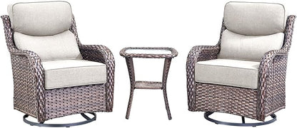 Luxury High Back Outdoor Swivel Rocker Patio Chairs with Side Table & 6-Inch Thick Cushions, 3 Pieces Patio Furniture Set for Porch, Balcony, Deck and Yard