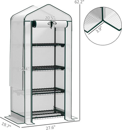 Outsunny 4 Tier Mini Greenhouse with Screen Roof, 27.6" x 19.7" x 62.2", Portable Small Greenhouse with High Strength PE Cover, Roll-Up Zipper Door for Garden Yard Backyard, White