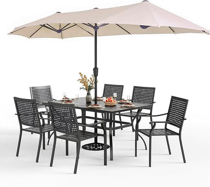 PHI VILLA 7 Pieces Patio Dining Set for 6 with 13ft Large Patio Umbrella, Metal Outdoor Stackable Wrought Iron Chair Set of 6 & 60"X38" Metal Dining Table,Market Table Beige Umbrella