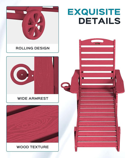 Outdoor Lounge Chair Set of 4, All Weather Patio Chaise Lounge Chair for Outside, HDPE Chair with Rolling Wheels & Cup Holder, 5 Position, Deck, Pool, Red