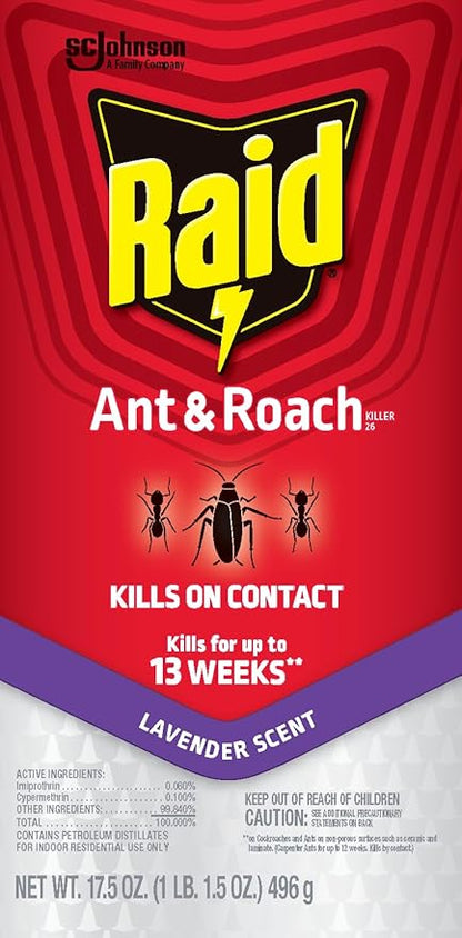 Raid Ant & Roach Killer Spray for Listed Bugs, Keeps Killing for Weeks, Lavender Scent, 17.5 oz