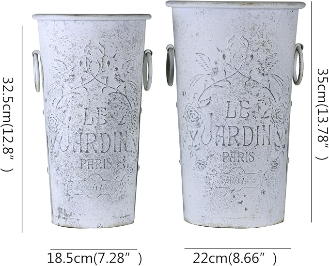 Set of 2 Distressed White Metal Flower Pots - Le Jardin Paris 14" Vintage Planters, Decorative Round Plants Buckets for Indoor/Outdoor Garden Patio Decor