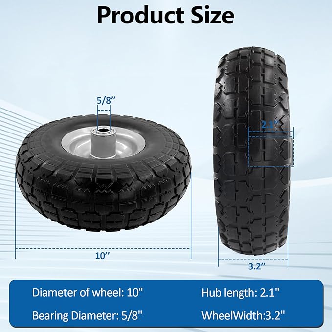 10-Inch 4.10/3.50-4 Tire and Wheel Flat Free, Heavy Duty Solid Replacement Tire with 5/8" Bearings, for Wheelbarrows Hand Trucks Dollies Trolleys Generators, (2-Pack) (Gray)