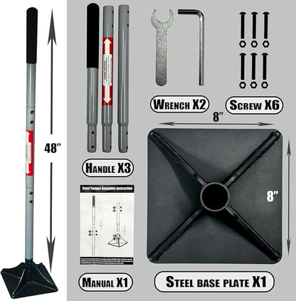 Heavy Duty Steel Tamper 8"x8" with 48 inch Handle and Rubber Grip Ideal Garden Landscaping Rammer for Earth Soil Asphalt, Gravel and Dirt Compaction Levelling Paver Tool Trash Tamper