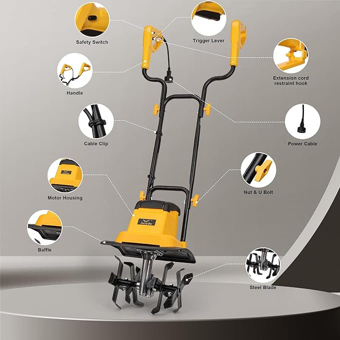 8.5AMP 12Inch Corded Tiller Cultivator 8-inch Depth Rototillers for Gardening, 360RPM Electric Garden Tiller with LT-201D Socket