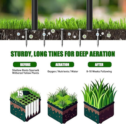 Lawn Aerator Spike Tool - Manual Grass Aerator with 15 Iron Spikes, Pre-Assembled Yard Aerator for Core Aeration, Heavy Duty T-Handle & Wide Foot Plate for Lawn Yard & Garden (Glossy Black)