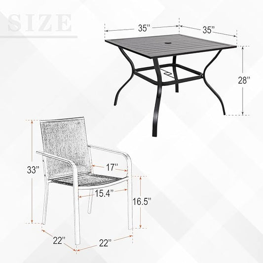 Anumutig 5-Piece Patio Dining Set, 35-Inch Square Table with 4 Stackable Chairs, Black Frame with Red Mesh, Outdoor Furniture