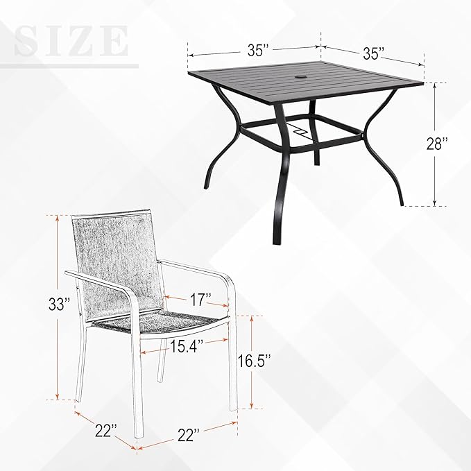 Anumutig 5-Piece Outdoor Dining Set, 35‘’Square Table with 4 Stackable Patio Chairs, All Weather Frame Furniture Set - Gray