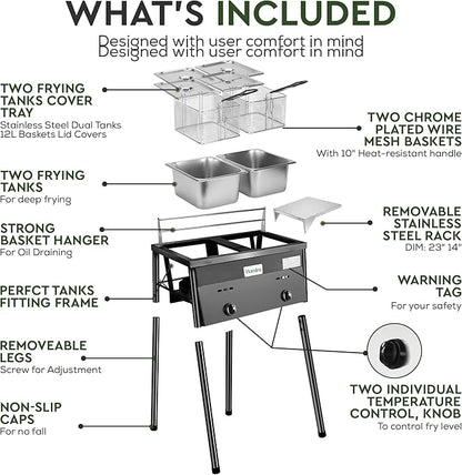 HOMIRA Iron Two-Tank Propane Deep Fryer with Thermometer, 2 Stainless Steel Baskets and Lids Fish Fryer with Adjustable Temperature Regulator, Outdoor Dual Fryer for Frying