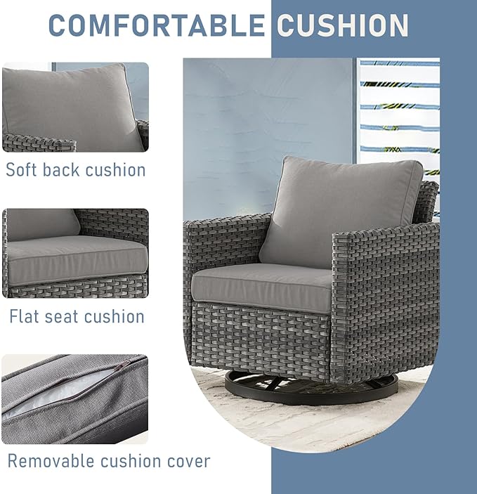 Outdoor Rocker Chairs - Patio Swivel Chair Set, Two Wicker Chairs with One Side Table, Grey