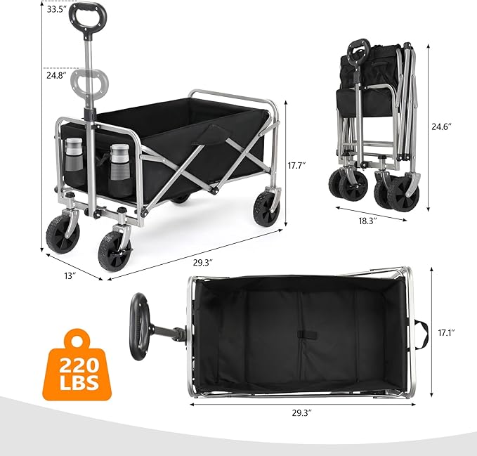 Collapsible Wagon with Big Wheels for Sand, Grocery All-Terrain Wheels Garden Grocery Wagon for Shopping Park Picnic, Camping, Beach Trip