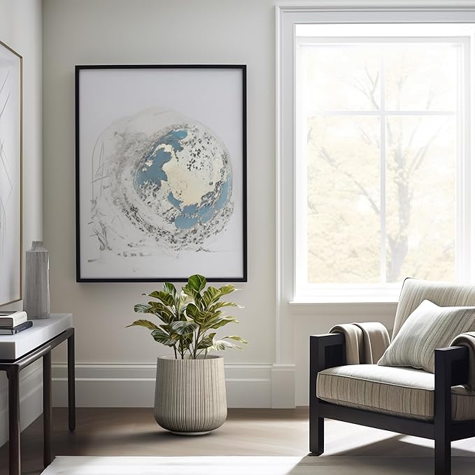 Kante 13.0" Dia Round Fluted Concrete Planter, Large Plant Pot with Drainage, Smooth Weathered Concrete Finish with Warm Brown Interior, for Indoor and Outdoor Use