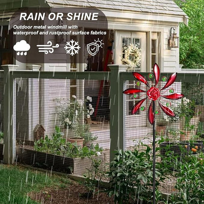 Rose Outdoor Metal Wind Spinner, Single-Layer Kinetic Garden Art with Vibrant Red Finish - Weatherproof Wind Sculpture for Lawn, Patio, Yard Decor - 10''W x 36''H
