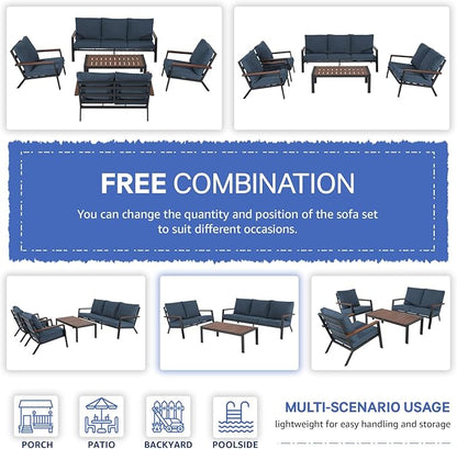 Soleil Jardin Aluminum Patio Furniture 3-Seater Couch, Outdoor 3 Seats Sofa with FSC Certified Solid Wood Top, Outdoor Conversation Set 3 Seater Deep Seating w/Removable Cushion, Denim Blue