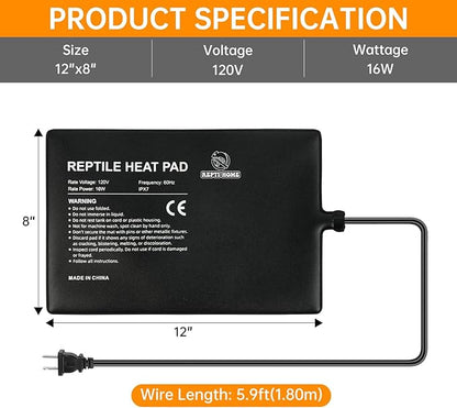 Reptile Heat Pad 8x12 Inch 24W, Terrarium Heating Mat Under Tank, Reptile Heat Mat/Pad for Amphibians, Turtle, Lizard, Bearded Dragon, Hermit Crab, Frog, Snake