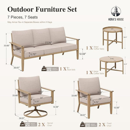 HERA'S HOUSE Patio Furniture Set 5-Piece, Metal Outdoor Conversation Set with Wood Grain Finish, 2 x Swivel Chair, 1 x 3-Seat Sofa, 2 x Multi-Functional Coffee Table for Garden Deck Backyard