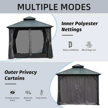 Domi 10’ x 10’ Hardtop Gazebo Metal Frame Canopy with Netting & Curtains, Outdoor Permanent Metal Pavilion with Galvanized Steel Double Roof for Patio Lawn and Garden, Gray