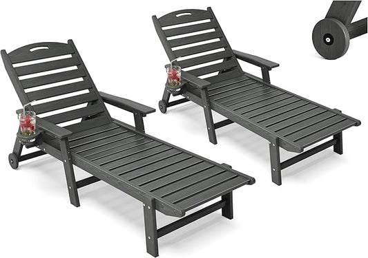 Patio Chaise Lounge Chair Set of 2, HDPE Outdoor Lounge Chairs with 5-Position Adjustable Backrest, Cup Holder and Wheels, 450lbs Capacity for Poolside Deck Backyard, All Weather Material(Gray)