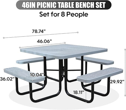 8-Person Outdoor Picnic Tables,46" Heavy-Duty Metal Square Picnic Table,Expanded Metal Commercial-Grade Table with 4 Benches & Umbrella Hole,Waterproof Coating Beach Table for Patio,Garden, Backyard