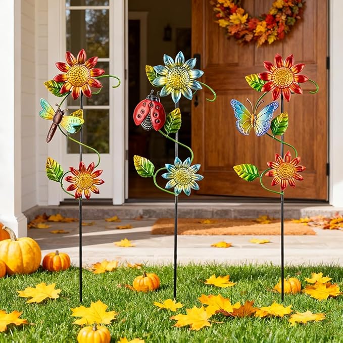 3 Pcs Sunflower Decorative Garden Stakes,23.5 inches Metal Sunflower Outdoor Fall Decor,Yard Art for Outside Decor for Mom,Women,Grandma