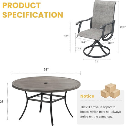 VICLLAX Patio Dining Set for 8, 9 Pieces Outdoor Furniture Includes 60" Round Patio Table with Umbrella Hole and 8 Outdoor Swivel Chairs for Lawn Garden, Grey Wood Grain Tabletop and Grey Fabric